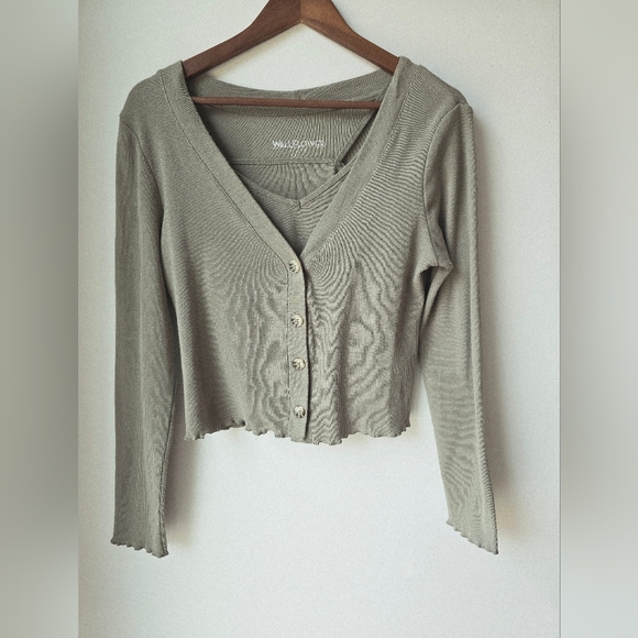 Wallflower Set Ribbed Button-Up Cardigan Spagetti Top Cotton Blend Croped Size L - Picture 7 of 7